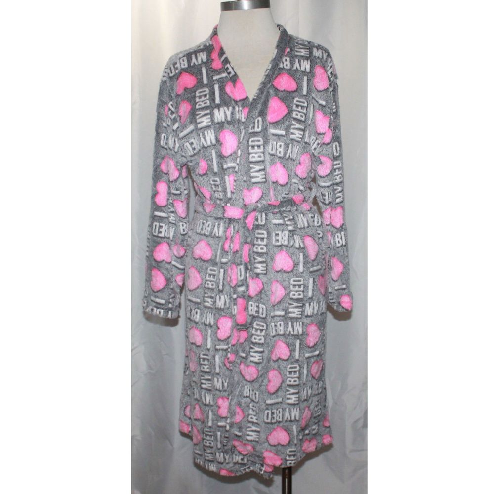 Women's Em & Alfie Gray and Pink I Heart My Bed Fleece Robe Size L